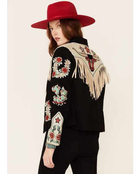 Double D Ranch Womens Cowgirl Queen Zip-Front Suede Jacket , Black Ranch Cowgirl, Embroidered Cactus, Leather Coat Womens, Double D Ranch, Boot Barn, Looks Country, Cowgirl Chic, Suede Fringe Jacket, Fringe Jacket