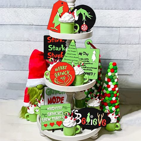 Grinch Tiered Tray Ideas, Diy Grinch Tiered Tray, Grinch Serving Tray, Christmas Baking Tiered Tray, Rae Dunn Christmas Tiered Tray, Grinch Decorations, Tray Decor Christmas, Christmas Wooden Signs, Grinch Christmas Party