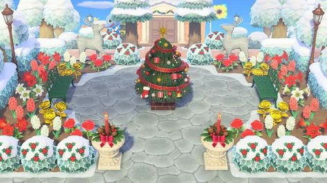 Acnh Seasonal Plaza, Animal Crossing Holiday Design, Acnh Christmas Flowers, Animal Crossing Square Ideas, Animal Crossing Christmas Ideas, Christmas Animal Crossing, Acnh Town Plaza Ideas, Acnh Normcore, Animal Crossing Winter