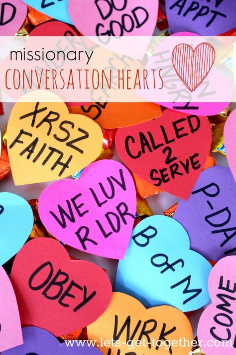 Missionary Mail: Conversation Hearts - Cutest Valentine's Day package with the talk, The Measure of Our Hearts by Elder Marvin J. Ashton Missionary Valentine Package Ideas, Valentines Missionary Package, Missionary Valentines Package, Valentines Day Package, Missionary Quotes, Mission Prep, Mormon Missionaries, Missionary Care Packages, Conversation Hearts Candy