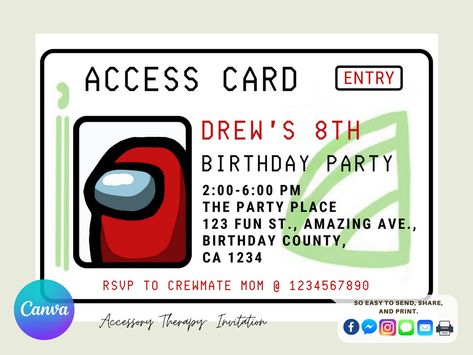 Among Us Card, Swipe Card, Invitations Birthday, Party Places, Diabolik, Diabolik Lovers, 8th Birthday, 7th Birthday, Colour List