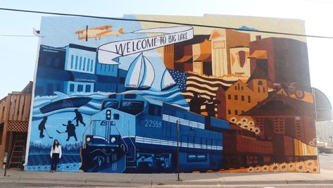 Allison Hunsley (@allisonhunsleyart) • Instagram photos and videos Building Murals Inspiration, Small Town Mural Ideas, Town Mural, Exterior Murals Building, Downtown Murals, City Scape Mural, Exterior Murals, Third Rail, Big Lake