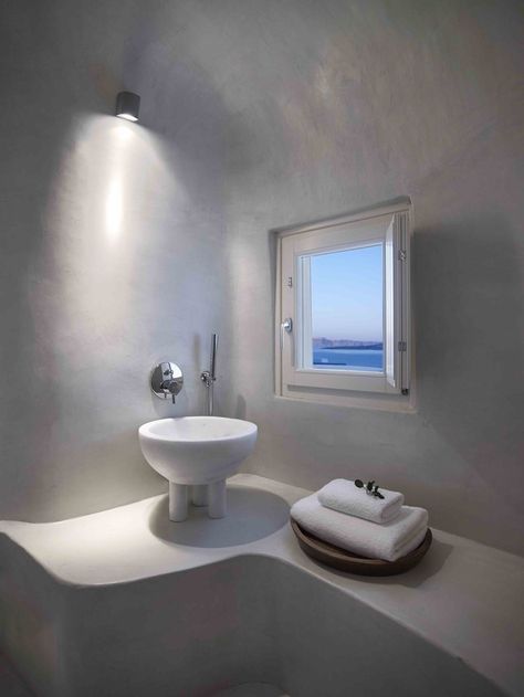 Gallery of Summer Cave House in Santorini / Kapsimalis Architects - 9 Kapsimalis Architects, Free Standing Sink, Oia Greece, Greek House, Cave House, Interior Minimalista, House Inside, Small Windows, Mediterranean Homes