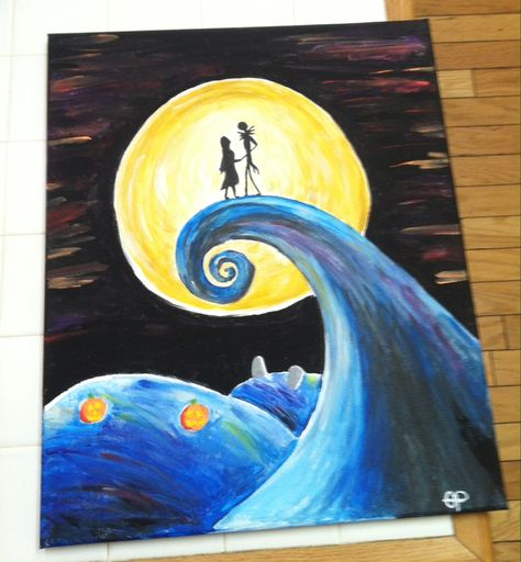 Nightmare Before Christmas acrylic painting. Jack and Sally Nightmare Before Christmas Painting, Tim Burton Art, Christmas Paintings On Canvas, Christmas Painting, Moon Wall Art, Moon Painting, Halloween Painting, Christmas Canvas, Jack And Sally