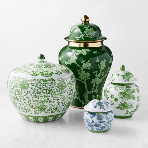 Green Ginger Jar, Cherry Blossom Southern House Decor, Chinoiserie Interior Design, Lawyer Desk, Ginger Jars Decor, Chinoiserie Interior, Jars Decor, Green Chinoiserie, Storing Spices, Botanical Motifs