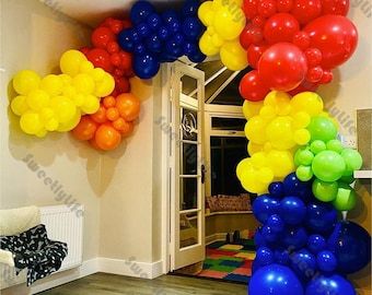 Diy Kids Birthday Party, Blue Balloon Garland, Sprinkles Birthday Party, Orange Balloons, Kids Birthday Party Decoration, Yellow Balloons, Blue Balloon, Lego Birthday Party, Garland Arch