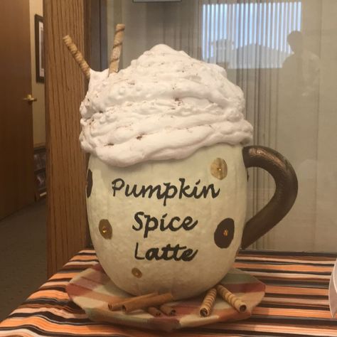 Pumpkin Spice Latte Halloween Project Pumpkin Spice Pumpkin Decorating, Pumpkin Painting Ideas Coffee, Coffee Pumpkin Painting, Starbucks Pumpkin Decorating Ideas, Pumpkin Spice Painting, Pumpkin Spice Latte Pumpkin Painting, Pumpkin Spice Latte Pumpkin Decorating, Pumpkin Spice Meme Funny, Story Book Pumpkin