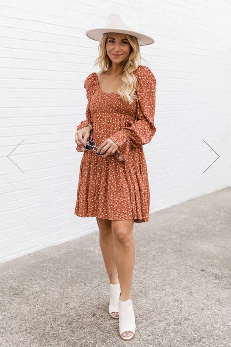 Following A Shadow Rust Smocked … curated on LTK Grey Booties, Fall Dress Outfit, Rust Dress, Smocked Dress, Pink Lily, Style Profile, Boutique Dresses, Small Tops, Fall Dresses