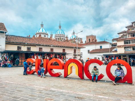 Cuenca Ecuador sign in the middle of a square with the Cuenca Cathedral roof top in the background on a cloudy day. #cuenca #visitecuador Cuenca Ecuador, Ecuador Travel, Southern Region, Galapagos Islands, South America Travel, Incredible Places, Quito, Camping And Hiking, Walking In Nature