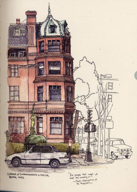 Corner of Comm. Ave & Exeter, Boston City Corner Drawing, Small Building Sketches, Boston Sketch, Boston Drawing, Boston Watercolor, Boston Architecture, Chris Ware, Its A Beautiful Day, Boston Art