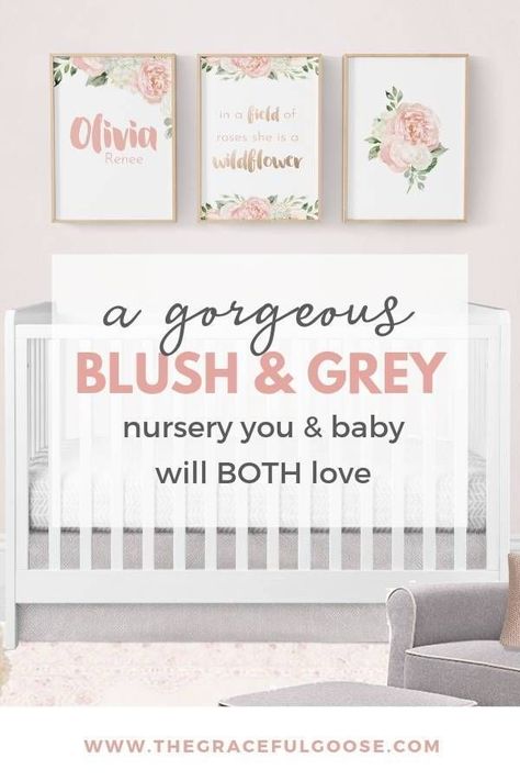 Grey And Pink Nursery, Gorgeous Nursery, Blush Pink Nursery, Natural Wood Accents, Pink And Gray Nursery, Blush Nursery, Floral Bible Verse, Grey Baby Nursery