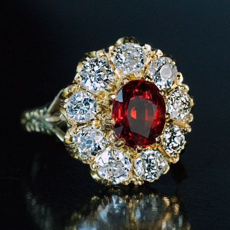 Vintage Ruby Diamond Cluster Engagement Ring - Antique Jewelry | Vintage Rings | Faberge Eggs Antique Ruby Cluster Ring Gift, Vintage Ruby Ring With Brilliant Cut Cluster, Vintage Red Gemstone Cluster Ring, Vintage Brilliant Cut Cluster Ruby Ring, Antique Red Cluster Ring In 14k Gold, Plain Gold Bangles, Kay Jewelry, Rose Gold Engagement Ring Vintage, Diamond Cluster Engagement Ring