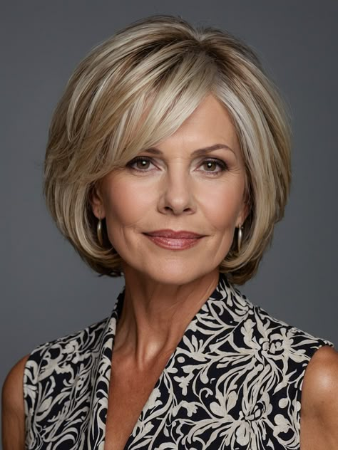 Short Hair Styles Over 50 Older Women, Medium Bob Hairstyles With Layers Shoulder Length Side Swept Bangs, Short Bob Over 50, Women Over 70 Hairstyles, Hair Color For Older Women Over 50, Haircuts For Women Over 60 Medium Length, Grandmother Hairstyles, Chin Length Hair With Bangs, Hair Styles For Women Over 70