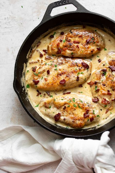 Creamy Bacon Chicken Recipe - Salt and Lavender | Kitchn Chicken For Guests, Whipping Cream Recipe Dinner, Cast Iron Skillet Recipes Dinner Chicken, Iron Skillet Chicken Recipes, Things To Make With Heavy Whipping Cream, Recipes Using Heavy Whipping Cream, Heavy Whipping Cream Recipes Dinner, Recipes With Heavy Whipping Cream, Cast Iron Skillet Recipes Chicken