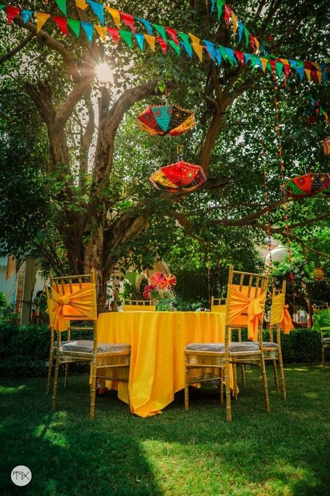 Photo of Yellow table settings and chair decor for an outdoor ceremony. Haldi Ceremony Decorations, Outdoor Stage, Yellow Table, Desi Wedding Decor, Chair Decor, Wedding Entrance, Wedding Register, Haldi Ceremony, Wedding Decor Inspiration