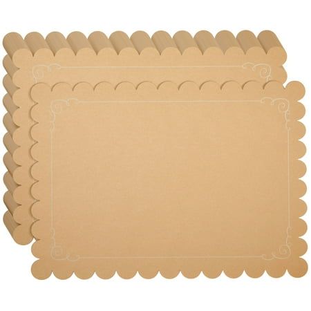 Item Description Adorn your tables effortlessly with these 100 count disposable kraft paper placemats. Whether it's a bridal shower, engagement party, rehearsal dinner, tea party, or rustic wedding reception, these 10 x 14 inch brown craft paper placemats elevate your decor game. The exquisite scalloped design adds elegance, setting a sophisticated tone for your table settings and culinary presentations. Elevate your offerings by placing these charming disposable table mats on trays, showcasing treats like freshly baked cookies, cinnamon rolls, or hors d'oeuvres. Your guests will be captivated by the stylish flair these paper place mats bring to your event! Size: 14" x 10". Placemats For Wedding, Thanksgiving Hosting, Cookies Cinnamon, Dining Table Wedding, Thanksgiving 2023, Paper Tablecloth, Rustic Style Wedding, Scalloped Design, Rustic Wedding Reception