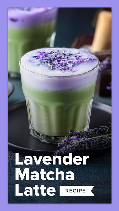 Lavender matcha latte in a glass with text "lavender matcha latte recipe" Lavender Matcha Latte, Lavender Latte Recipe, Lavender Matcha, White Chocolate Syrup, Lavender Latte, Matcha Latte Recipe, Lavender Syrup, Matcha Recipe, Cafe Aesthetic