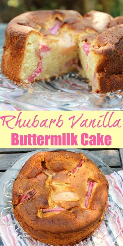 Rhubarb Vanilla Buttermilk Cake - BakingQueen74 Rhubarb Buttermilk, Roasted Rhubarb, Buttermilk Cake, Rhubarb Desserts, Rhubarb Cake, Cake Mug, Rhubarb Recipes, A Piece Of Cake, Delicious Cake