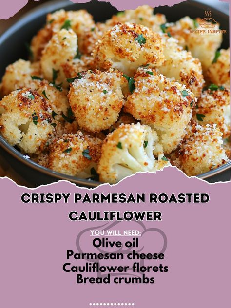 🥦🧀 Discover Crispy Parmesan Roasted Cauliflower—crispy, cheesy, and full of flavor, making veggies irresistible! 🧀🥦 #CrispyCauliflower #HealthySnacks Crispy Parmesan Roasted Cauliflower Ingredients: Cauliflower florets (1 head, cut into bite-sized pieces) Olive oil (2 tbsp) Parmesan cheese, grated (1/2 cup) Bread crumbs (1/2 cup) Garlic powder (1/2 tsp) Paprika (1/2 tsp) Salt and pepper (to taste) Instructions: Preheat oven to 425°F (220°C). Line a baking sheet with parchment paper. Toss ... Baked Califlour Parmesan, Broccoli And Cauliflower Recipes, Parmesan Roasted Cauliflower, Low Carb Soup, Vegetable Side, Cauliflower Recipes, Roasted Cauliflower, Parmesan Cheese, Vegetable Side Dishes