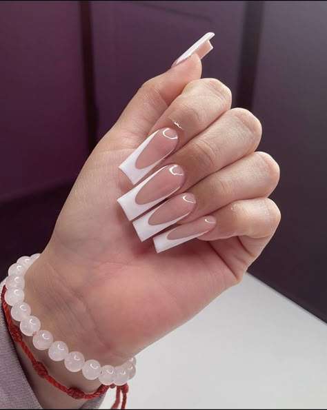 French Tips White Square, Frenchies Nails Medium, Basic Baddie Nails Medium, Basic Medium Nails, Medium Tapered Square Nails French Tip, Medium Long French Tip Nails, French Tip Acrylic Nails Medium, French Tip Acrylic Nails Medium Length, French Tip Nails Rhinestones