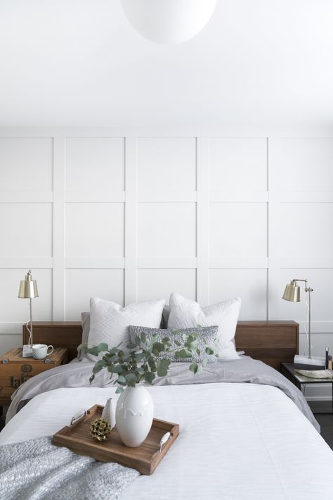 Moulding Bedroom Wall, Moulding Behind Bed, Wanescotting Bedroom Wall, Board And Batten Wall Behind Bed, White Paneling Walls Bedroom, Molding Behind Bed, White Accent Wall Bedroom, Wall Moulding Bedroom, Behind Bed Panelling