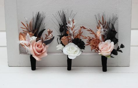 Accessories are created from faux flowers and leaves of high quality. Thanks for visiting 😊 Black White Dusty Rose Wedding, Black Cream Rose Gold Wedding, Dusty Rose Black And White Wedding, Dusty Rose Black Wedding, Black And Rose Gold Wedding Decorations, Mauve And Black Wedding, Black And Dusty Rose Wedding, Black And Pink Wedding Theme, Rose Gold And Black Wedding Theme