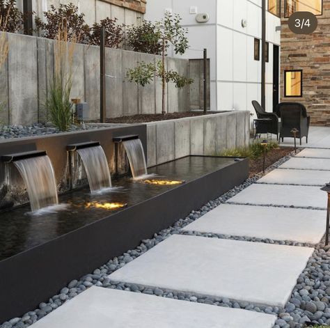 Water Feature Against Wall, Waterfall Wall Outdoor Landscape Design, Landscape Water Features, Modern Landscaping Front Yard, Villa Landscape, Outdoor Landscape Design, Water Feature Wall, Outdoor Fountains, Outdoor Water Features