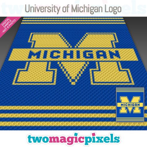 University Of Michigan Crochet Blanket Pattern, Crochet Michigan Blanket Free Pattern, Magic Pixels, University Of Michigan Logo, Cross Stitch Plastic Canvas, Two Magic Pixels, Michigan Logo, Michigan Crafts, Cross Stitch Graph