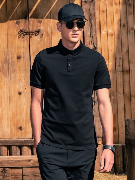 Black Casual  Short Sleeve Cotton Plain  Embellished Slight Stretch Summer Men Tops Casual Polo Shirt Men, Black Polo Tshirt Men Outfit, Black Polo Outfit Men Casual, Outfit Polo Hombre, Plain Tshirt Outfit Men, Poloshirt Outfit For Men, Black Polo Shirt Outfit Men, Black Polo Outfit Men, Black Polo Outfit