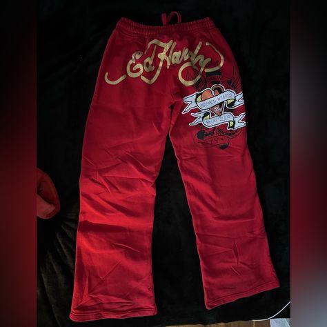 Ed Hardy Red Flared Sweatpant (Xs) Never Worn Cutesy Clothes, Red Flare, Clothing Pieces, Broken Hearts, Thrift Finds, Pj Pants, Ed Hardy, Boot Cut, Pant Jumpsuit