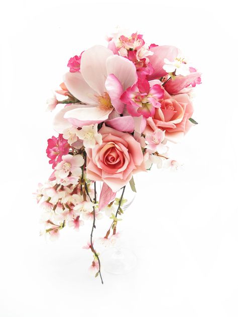 Trail bouquet of cherry blossom, pink roses, stock florets and magnolias. Find your perfect wedding flowers at www.loveflowers.com.au Cherry Blossom Corsage, Cherry Blossom Wedding Flowers, Cherry Blossom Bridal Bouquet, Asian Bouquet, Cherry Blossom Flower Arrangement, Cherry Blossom Wedding Bouquet, Cherry Blossom Themed Wedding, Cherry Blossom Bouquet, Sakura Wedding