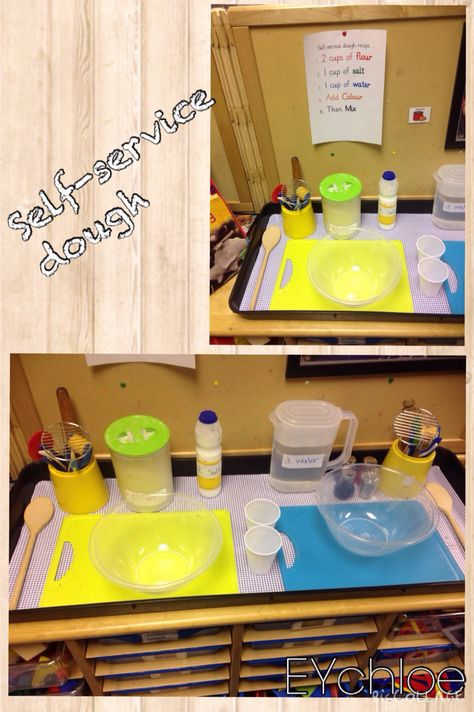 Self-service dough area. Make your own dough, following the recipe. EYchloe Playdough Eyfs, Dough Disco, Playdough Sight Words, Playdough Area, Playdough Station, Messy Play Activities, Cooking With Toddlers, Play Stations, Kids Role Play