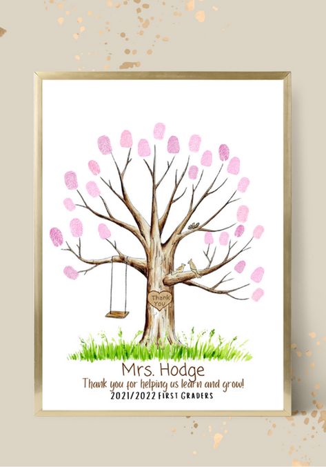 This is a great way for students to show their teacher how much they appreciate them! This is a beautiful gift, that every teacher will cherish forever! It has a little remembrance of each student on it! Have the class add their fingerprints and sign their names as leaves on this tree—Then the teacher can frame it for a keepsake! #FingerprintTree #TeacherChristmasGift #TeacherGiftsDiy Teacher Gift From Students, Class Gift For Teacher, Teachers Presents, Teacher Tree, Teacher Gifts From Class, Infant Crafts, Teacher Presents, Thumbprint Art, Teacher Canvas