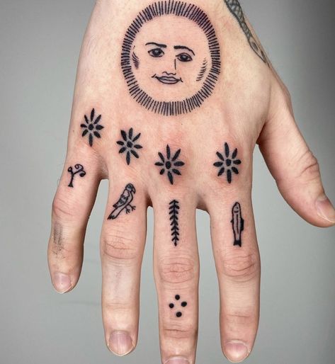 Acme Tattoo, Folk Tattoos, Traditional Hand Tattoo, Prison Tattoos, Hand Tats, Tattoo Skin, Sun Tattoos, Spooky Tattoos, Mandala Tattoo Design