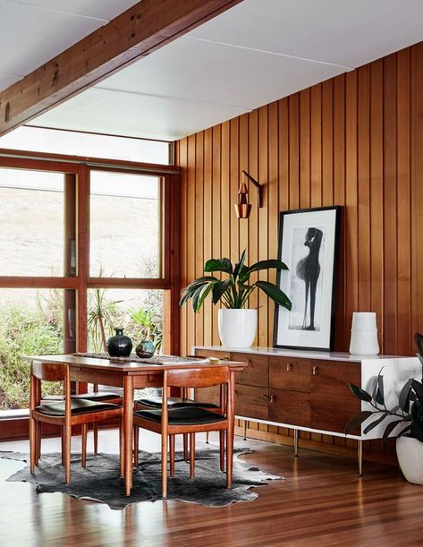 Life In One Of Melbourne’s Best Mid-Century Homes! Mid Century Mixed With Traditional, Joanna Gaines Mid Century Modern, Mid Century Design Interior, Wood Paneled Walls, Mid Century Interior Design, Mid Century Wall Decor, Paneled Walls, Mid Century Modern Interior Design, Mid Century Interior