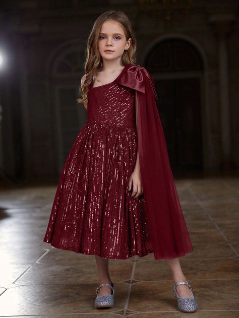 Burgundy Party Collar Extra-Long Sleeve Sequins Plain A Line Embellished Slight Stretch  Tween Girls Clothing Sequin Midi Dress, Bow Decor, Long Sleeve Sequin, Extra Long Sleeves, Royal Blue Dresses, Girls Bows, Bow Detail, Formal Dress