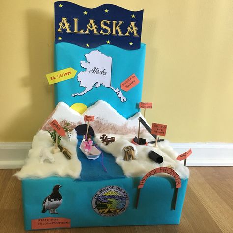 Alaska state float Alaska Float Project, Gold Rush Projects, Shoebox Float, Multicultural Night, State Project, Diorama Kids, Social Studies Projects, Kindergarten Projects, English Projects