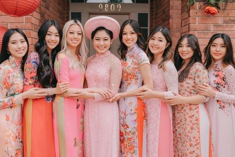 Traditional ao dai were all made in Vietnam. Sometimes you can buy them at local asian stores in Dallas, TX. (Ella Aeryn Photography) Dam Hoi Tea Ceremony, Ao Dai Tea Ceremony, Bridesmaid Ao Dai, Vietnamese Engagement, Dam Hoi, Ao Dai Traditional, Vietnamese Tea Ceremony, Vietnamese Tea, Asian Store