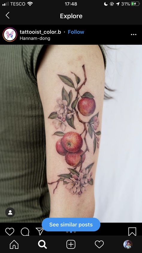 Realistic Apple Tattoo, Crab Apple Tattoo, Apple Branch Tattoo, Apple Tree Tattoo, Pie Tattoo, Tree Branch Tattoo, Botanical Tattoos, Apple Tattoo, Flower Tat