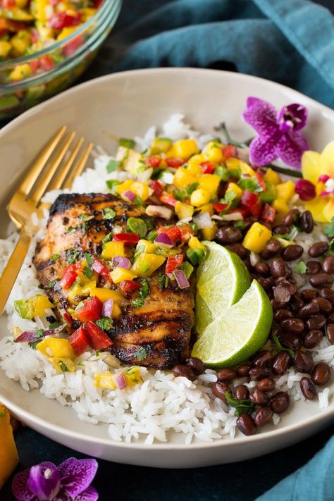 Jerk Chicken Chicken With Mango Avocado Salsa, Jerk Chicken With Pineapple, Chicken With Mango, Chicken With Pineapple, Jerk Chicken Recipe, Mango Avocado Salsa, Chicken Rice Bowls, Mango Avocado, Avocado Salsa