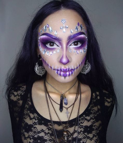 My makeup for a Day Of The Dead themed night doing some glitter work for @thegypsyshrine the other day! I really loved this makeup, despite… Purple Skull Makeup, Day Of The Dead Makeup, Makeup Purple, Purple Skull, Dead Makeup, Purple Day, Skeleton Makeup, Sugar Skull Makeup, Halloween Tags