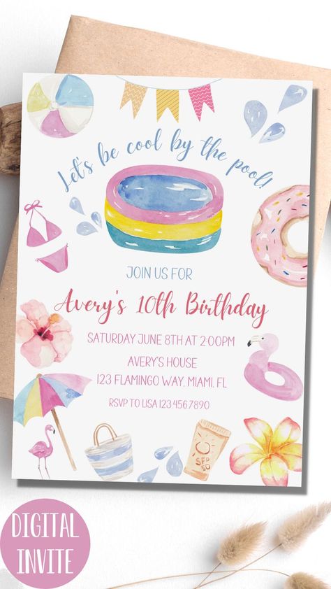 Donuts Birthday Party, Bike Birthday Party, Swim Party Invitations, Ice Cream Bike, 1 Year Birthday Party Ideas, Donut Birthday Party Invitations, Donuts Birthday, Pool Birthday Invitations, Birthday Flamingo