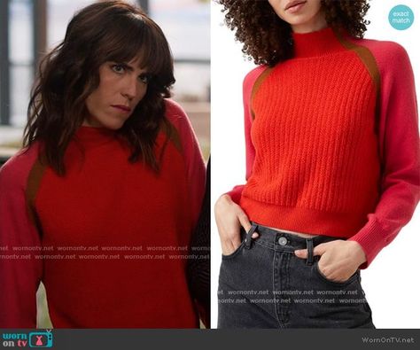 Marina’s red colorblock sweater on Home Economics. Outfit Details: https://wornontv.net/280497/ %23HomeEconomics Economics Pictures, Marina Home, Karla Souza, Home Economics, Detailed Sweater, Color Block Sweater, Mock Neck Sweater, Latest Outfits, Economics