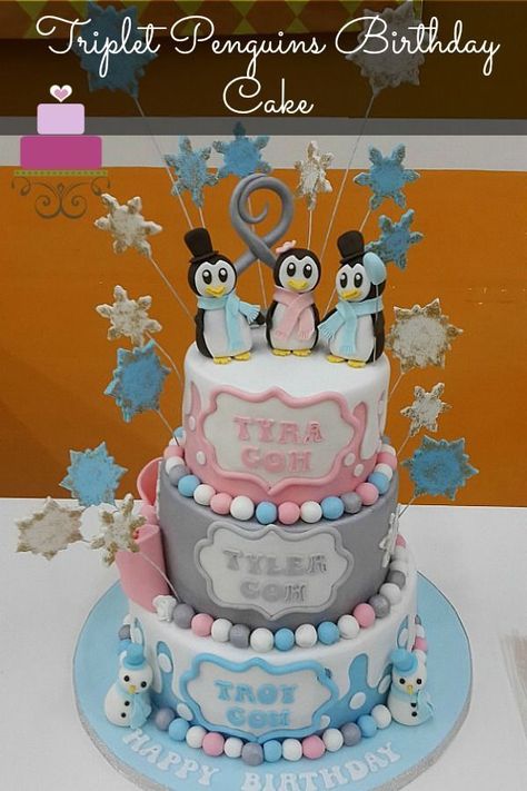 Triplet Penguins Birthday Cake Decorated Desserts, Penguin Cake, Penguin Cakes, Penguin Birthday, 3 Tier Cake, Birthday Cake Topper Printable, 1st Birthday Themes, Baby Birthday Cakes, Cake Decorating Designs