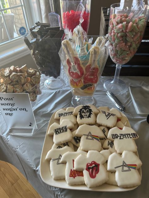 Two Year Old Rock Party, Rock N Roll Desserts, Rock Band Birthday Party Ideas, Rock And Roll Birthday Cookies, Rock Band Theme Party, Rocker Theme Party, One Rocks First Birthday Cookies, Rick And Roll Party Ideas, Being One Rocks Birthday