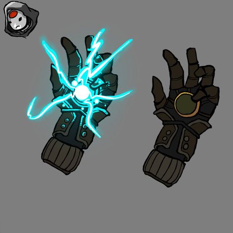 a leather glove/gauntlet with a small gem in the center of the palm. the gem is affixed to the glove by a reinforced copper cage/housing around it and the wrist. the glove is meant to protect the wearer since the gem runs hot if it's overused. the gem fires small bolts of lightning on command. Copper Armor Art, Scifi Gauntlet, Lightning Gauntlet, Glove Concept Art, Draw Electricity, Mechanical Gauntlet, Cool Gauntlets, Gloves Anime, Gauntlet Reference