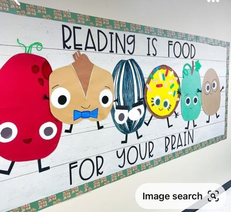 Literacy Week Bulletin Board Ideas, Love Of Reading Bulletin Board, Reading Is Food For The Brain Bulletin Board, Reading Week Bulletin Board Ideas, Book Characters Classroom Decor, Reading Classroom Doors, Classroom Reading Display, Warm Up With A Good Book Bulletin Board, Book Theme Door Decorations Classroom