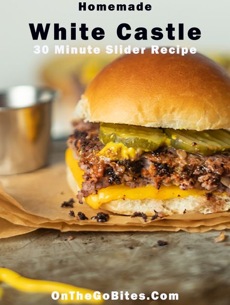 Our White Castle slider recipe delivers a juicy square mini hamburger. Cook these patties in the oven, top with cheese and pickles. If you like Krystal burgers then top with mustard too. Ready in 30 minutes. OnTheGoBites.Com #miniburgers #sliderrecipes #whitecastle #krystal Krystal Burgers Recipe Sliders, Krystal Sliders, Krystal Burgers, Krystal Burger, Hamburger Ideas, White Castle Sliders, Cooking Japanese, Slider Recipe, Edible Ideas