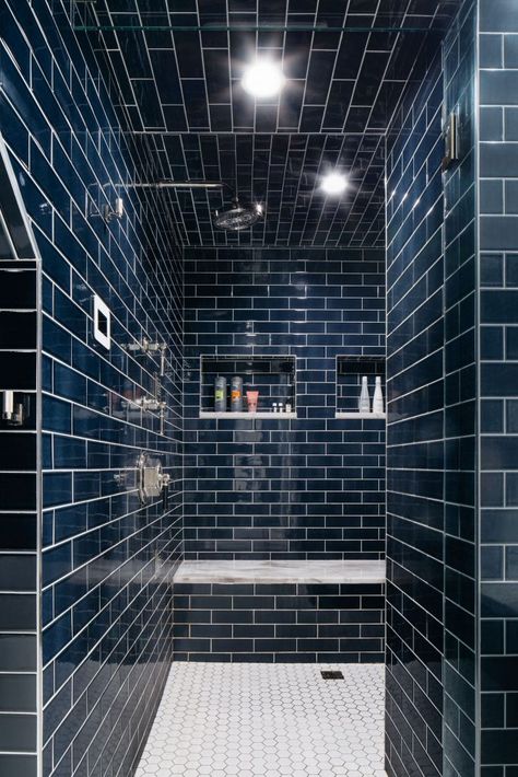 Dark Blue Bathroom Tile Ideas, Bathroom Dark Blue Tiles, Dark Blue Subway Tile Bathroom, Navy Subway Tile Bathroom, Navy Blue Subway Tile Bathroom, Moody Blue Bathroom Ideas, Dark Blue Shower Tile, Blue Shower Room, Navy Blue Shower Tile