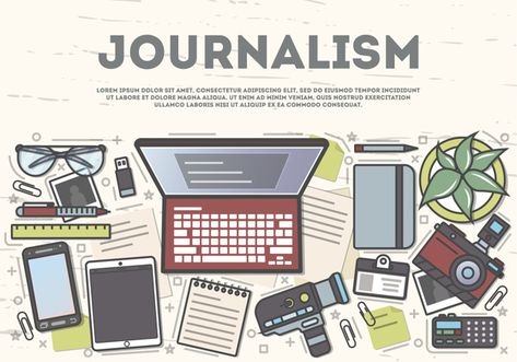 Journalism top view banner in line art s... | Premium Vector #Freepik #vector #infographic Journalism Design, Architecture Journal, Fiery Furnace, Background Story, Film Club, Line Art Style, Vector Infographic, Camera Logo, English Major